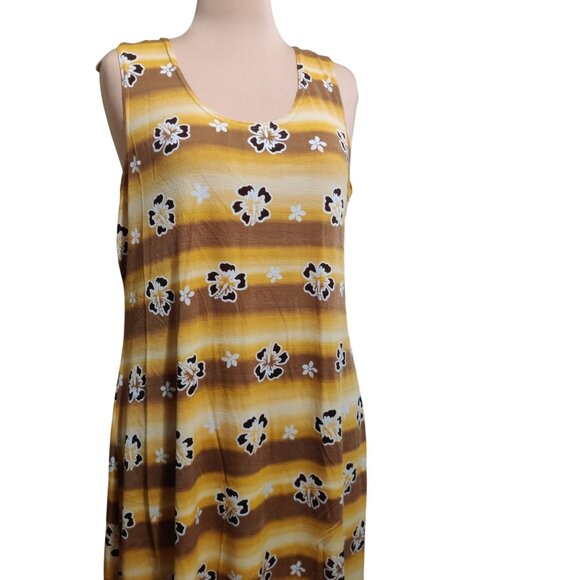 Beware 3XL Vintage Plus Size Floral Stripe Maxi Dress Yellow Brown Made in USA - Picture 3 of 7